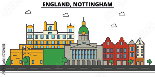 England, Nottingham. City skyline: architecture, buildings, streets, silhouette, landscape, panorama, landmarks. Editable strokes. Flat design line vector illustration concept. Isolated icons