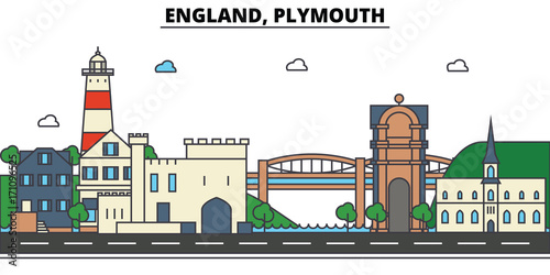 England, Plymouth. City skyline: architecture, buildings, streets, silhouette, landscape, panorama, landmarks. Editable strokes. Flat design line vector illustration concept. Isolated icons photo