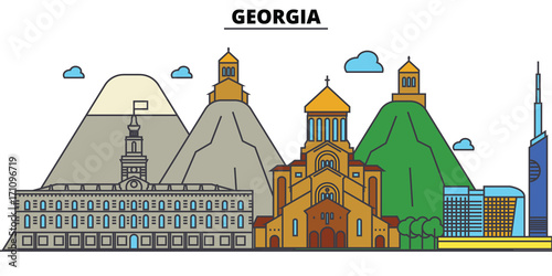 Georgia, Tbilisi. City skyline: architecture, buildings, streets, silhouette, landscape, panorama, landmarks. Editable strokes. Flat design line vector illustration concept. Isolated icons