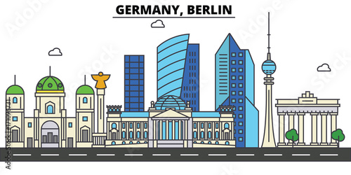 Germany, Berlin. City skyline: architecture, buildings, streets, silhouette, landscape, panorama, landmarks. Editable strokes. Flat design line vector illustration concept. Isolated icons