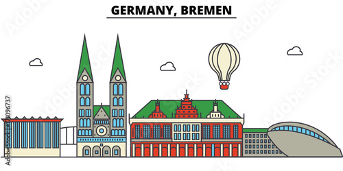 Germany, Bremen. City skyline: architecture, buildings, streets, silhouette, landscape, panorama, landmarks. Editable strokes. Flat design line vector illustration concept. Isolated icons