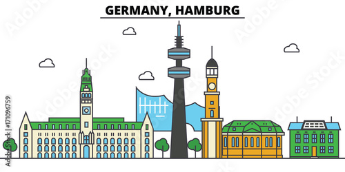 Germany, Hamburg. City skyline: architecture, buildings, streets, silhouette, landscape, panorama, landmarks. Editable strokes. Flat design line vector illustration concept. Isolated icons