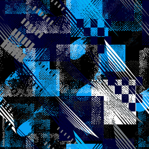 Abstract seamless pattern for girls, boys, clothes. Creative vector background with dots, geometric figures,stripes inscriptions.Funny wallpaper for textile and fabric. Fashion style. Colorful bright.