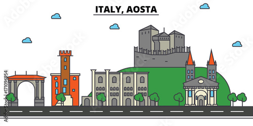 Italy, Aosta. City skyline: architecture, buildings, streets, silhouette, landscape, panorama, landmarks. Editable strokes. Flat design line vector illustration concept. Isolated icons