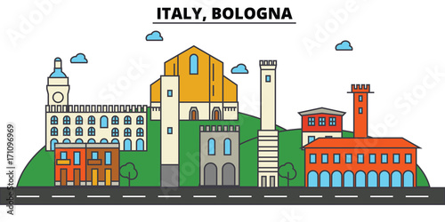 Italy, Bologna. City skyline: architecture, buildings, streets, silhouette, landscape, panorama, landmarks. Editable strokes. Flat design line vector illustration concept. Isolated icons