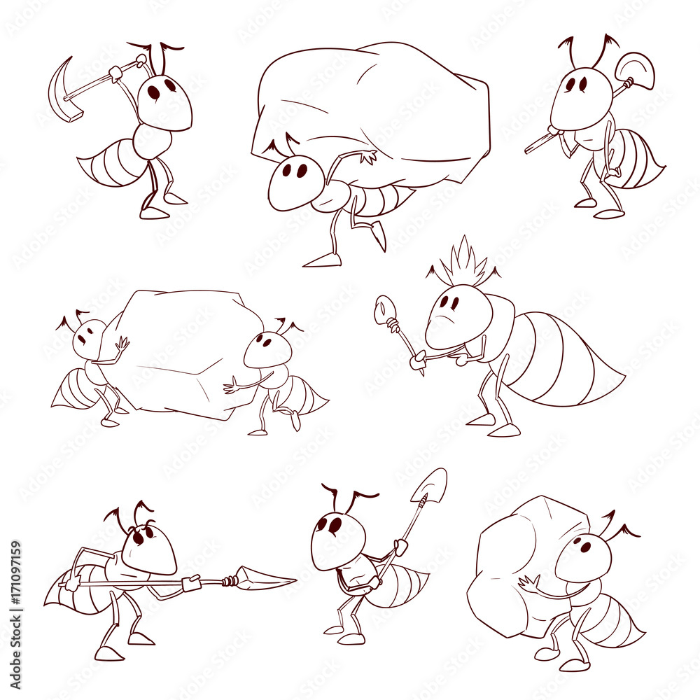 Collection of line drawing vector illustrations of cartoon ant colony Stock  Vector | Adobe Stock