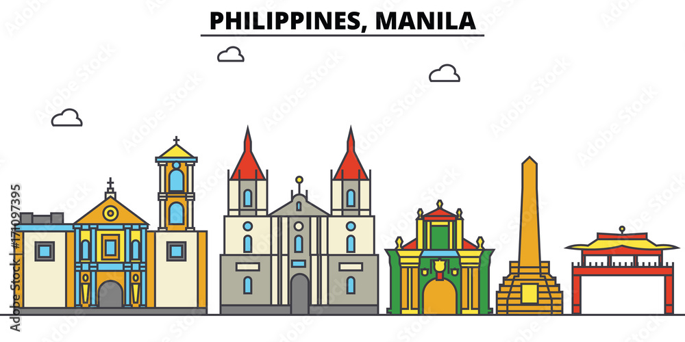 Obraz Philippines, Manila. City skyline: architecture, buildings, streets, silhouette, landscape, panorama, landmarks. Editable strokes. Flat design line vector illustration concept. Isolated icons