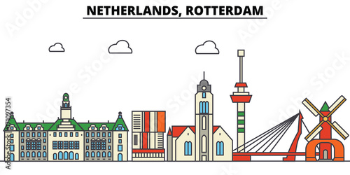 Netherlands, Rotterdam. City skyline: architecture, buildings, streets, silhouette, landscape, panorama, landmarks. Editable strokes. Flat design line vector illustration concept. Isolated icons