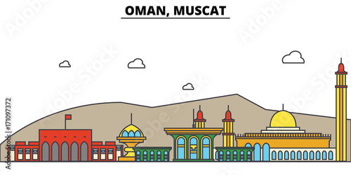 Oman, Muscat. City skyline: architecture, buildings, streets, silhouette, landscape, panorama, landmarks. Editable strokes. Flat design line vector illustration concept. Isolated icons