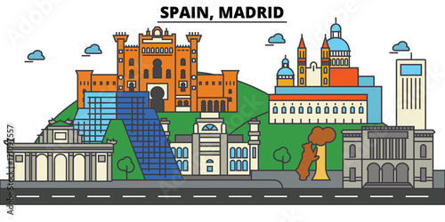 Spain, Madrid. City skyline: architecture, buildings, streets, silhouette, landscape, panorama, landmarks. Editable strokes. Flat design line vector illustration concept. Isolated icons