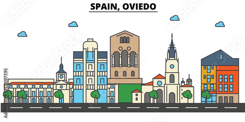 Spain, Oviedo. City skyline: architecture, buildings, streets, silhouette, landscape, panorama, landmarks. Editable strokes. Flat design line vector illustration concept. Isolated icons