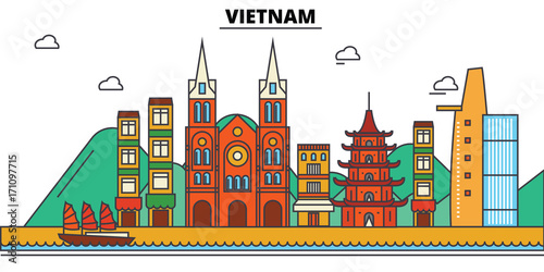 Vietnam, . City skyline: architecture, buildings, streets, silhouette, landscape, panorama, landmarks. Editable strokes. Flat design line vector illustration concept. Isolated icons
