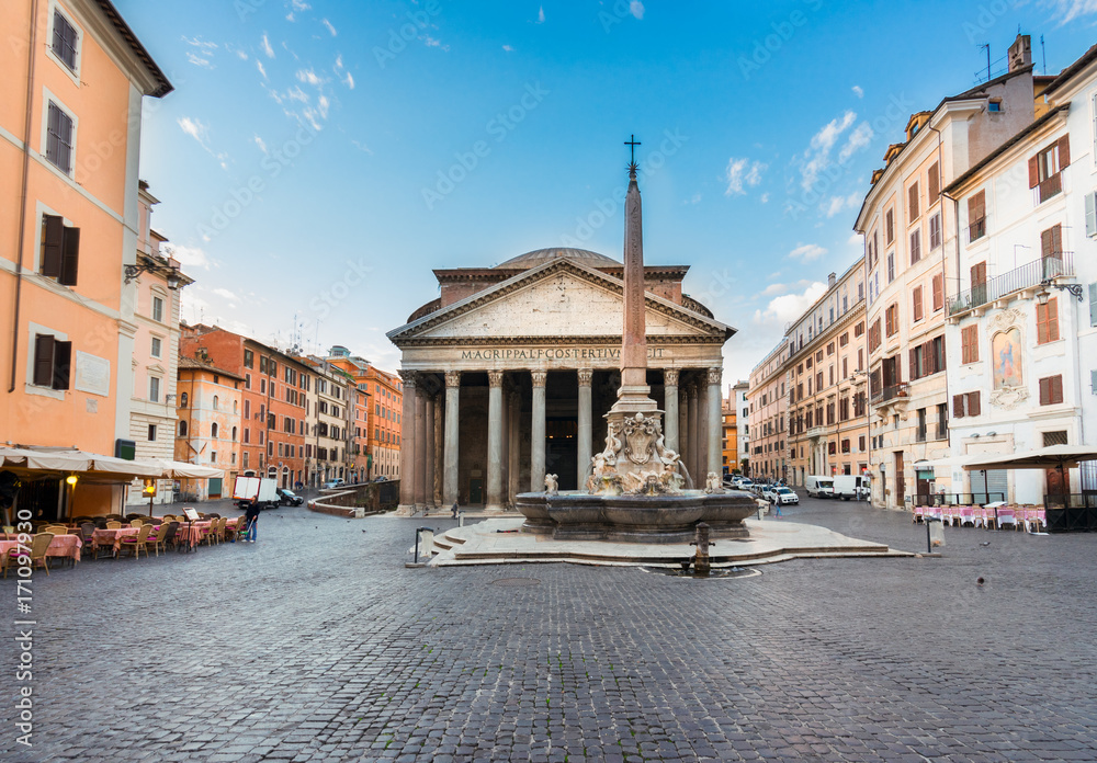 view of famous ancient Pantheon church with fountain in Rome, Italy