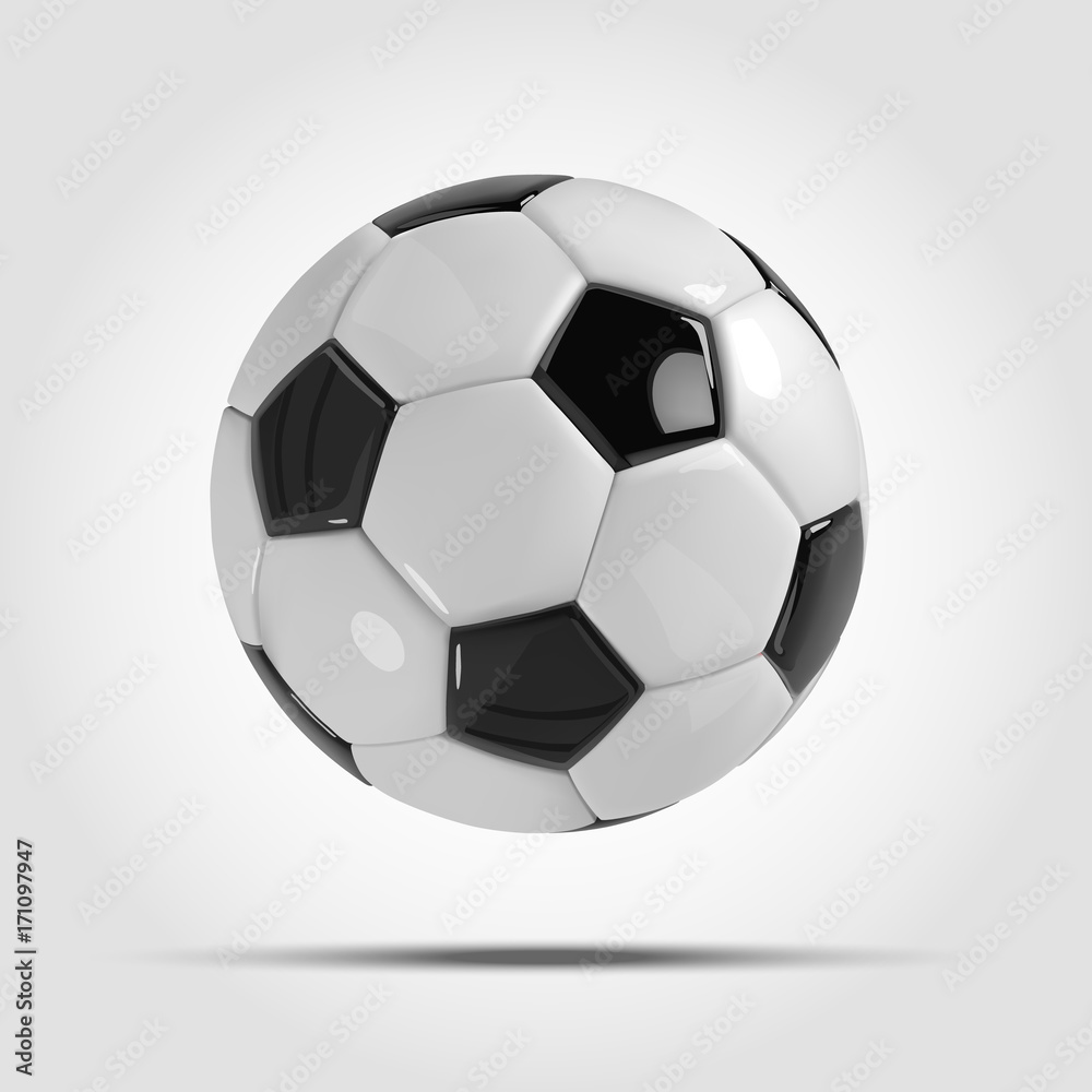 Realistic soccer ball or football ball on light gray background. 3d Style vector Ball.