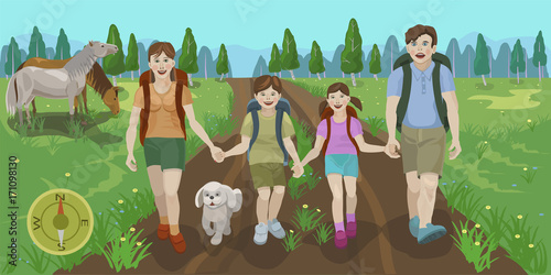 Travel friendly family/ Walk the families of tourists to the protected natural places of joyful and satisfied with my life, mom, dad, son and daughter and dog ball, go smiling on the set route!