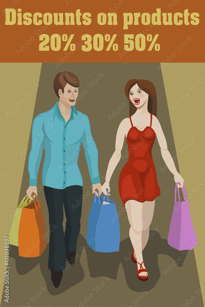 Discounts on shopping items and goods/ Discounts in supermarkets and stores for goods 20 %, 30 %, 50 %, the guy and the girl did purchase things at low and best price!