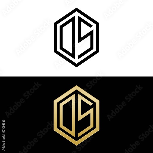 initial letters logo os black and gold monogram hexagon shape vector