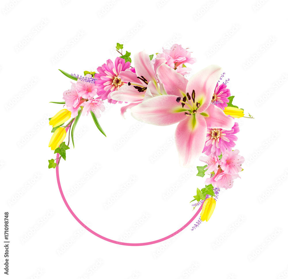 Fototapeta premium Collage of pink flowers around circle isolated on white