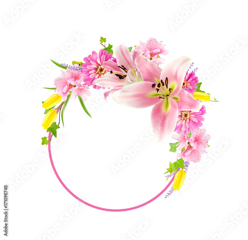 Collage of pink flowers around circle isolated on white
