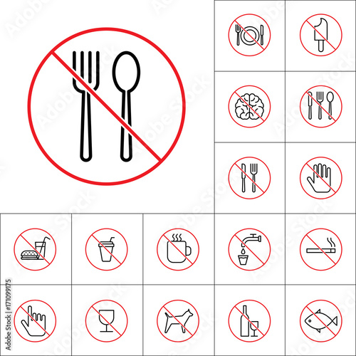 thin line no cutlery sign, food icons set