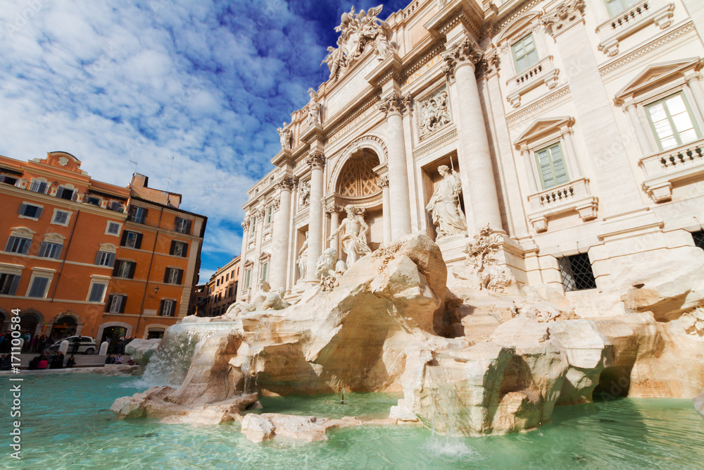 view of restored Fountain di Trevi in Rome at day, Italy