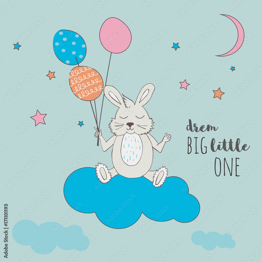 Cute little bunny with balloons sleeping on a cloud.