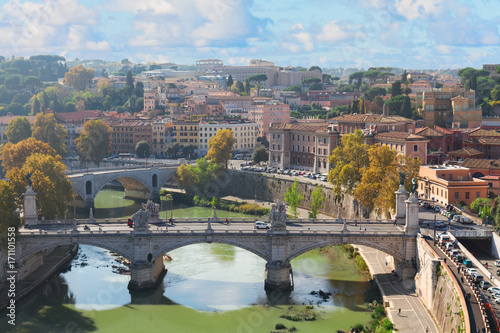 bridge Ponte Vittorio II with Tiber river and cityscape of Rome  Italy