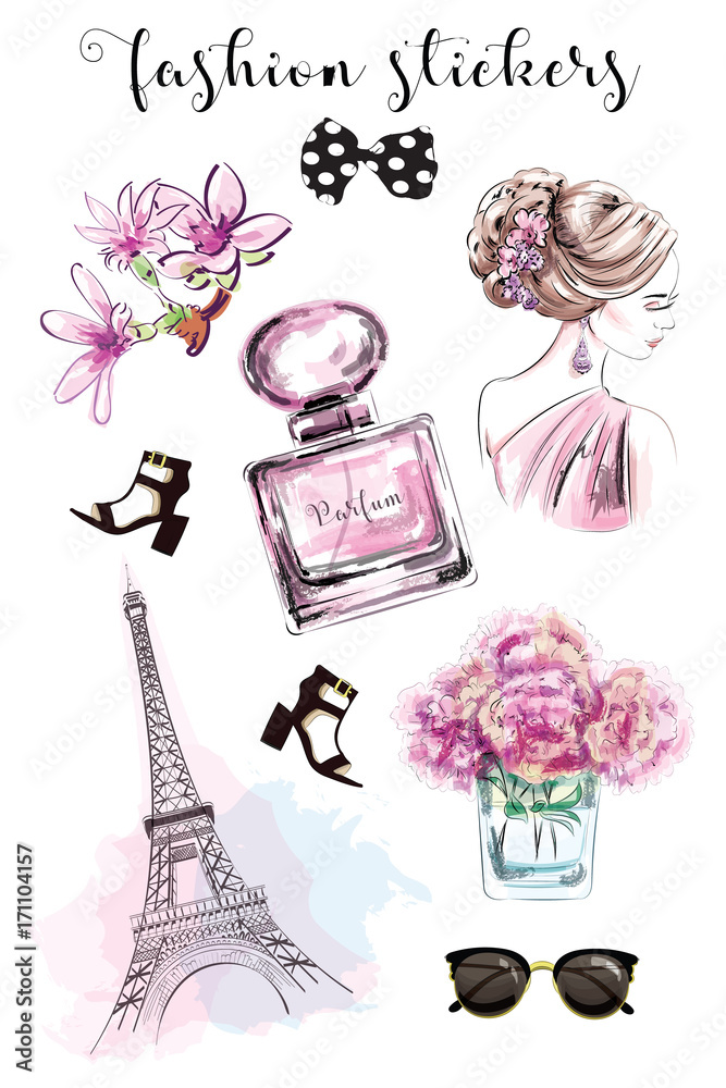 Cute hand drawn set with fashion stickers: beautiful woman, parfume bottle,  flowers, shoes, eiffel tower and sunglasses. Stylish stickers collection.  Sketch. Stock Vector