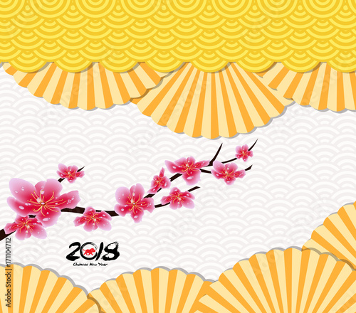 Classic Chinese new year blossom and oriental folding Paper Fan. Year of the dog 2018