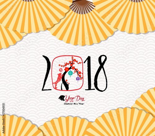 Classic Chinese new year blossom and oriental folding Paper Fan. Year of the dog. Chinese character hieroglyph: Dog