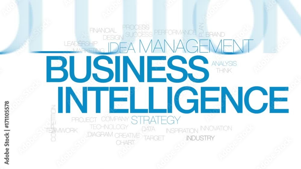Business intelligence animated word cloud, text design animation. Kinetic typography.