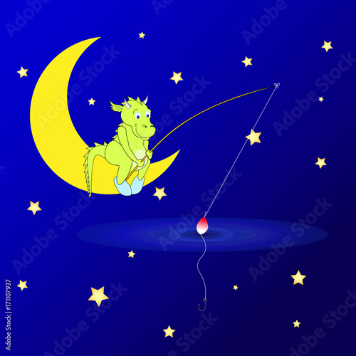 dragon fishing stars for bait / drawing for children / vector