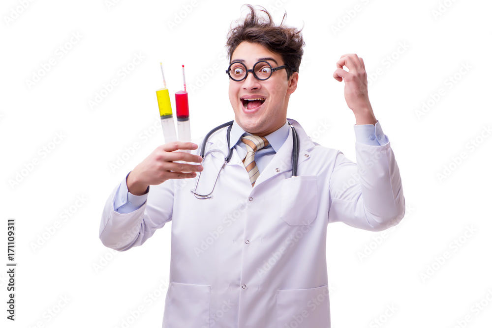 Funny doctor with syringe isolated on white Funny doctor with syringe isolated on white