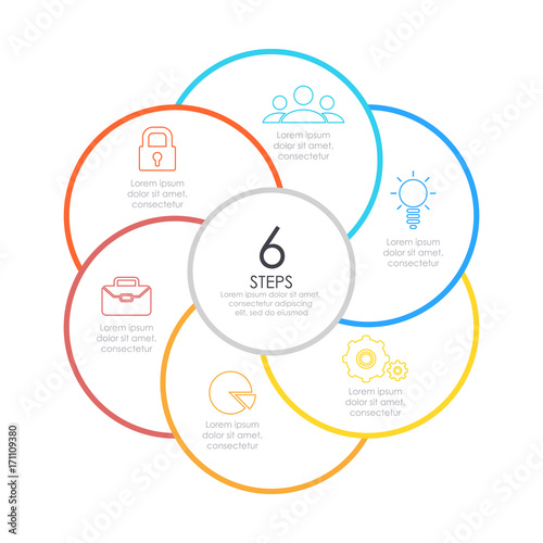 Outline round infographic. Circle diagram with 6 element, steps or options. Business concept.