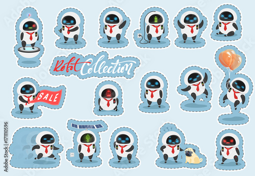 Sticker character modern robot in cartoon doodle flat style.