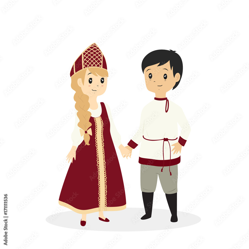 cute Russian couple, wearing traditional Russian dress cartoon vector