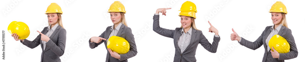 Businesswoman in gray suit and safety helmet isolated on white Businesswoman in gray suit and safety helmet isolated on white