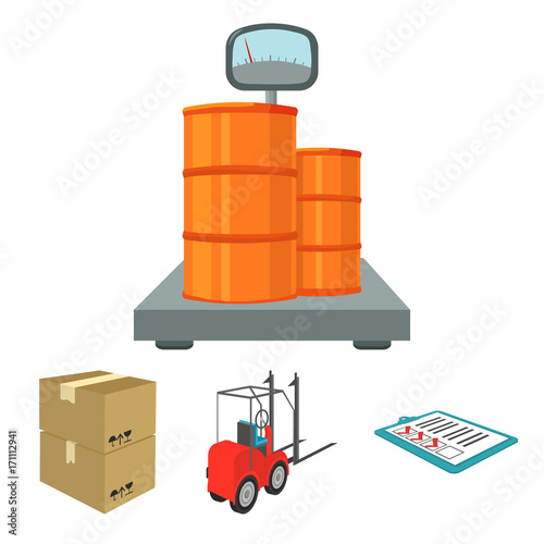 Forklift, delivery slips, packaged goods, cargo on weighing scales. Logistics and delivery set collection icons in cartoon style isometric vector symbol stock illustration web.