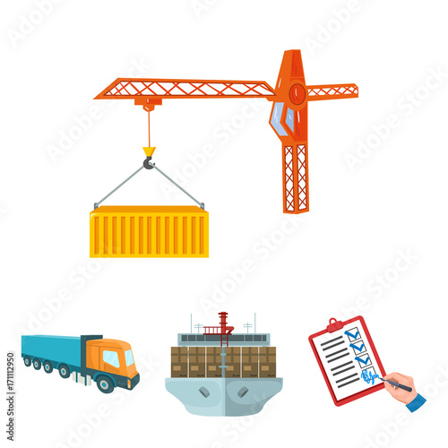Sea freight, signature of delivery documents, truck, tower crane with a container. Logistics and delivery set collection icons in cartoon style isometric vector symbol stock illustration web.
