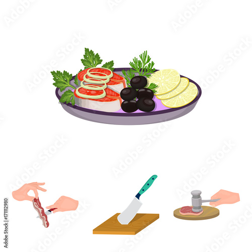 Cutlass on a cutting board, hammer for chops, cooking bacon, eating fish and vegetables. Eating and cooking set collection icons in cartoon style vector symbol stock illustration web.