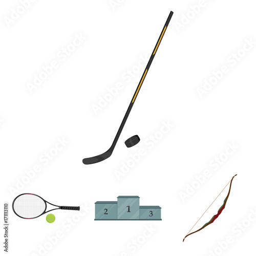 Pedestal of honor for the winners, bow for shooting arrows, racket with a ball for the tennis, hockey stick and puck. Sports set collection icons in cartoon style vector symbol stock illustration web.