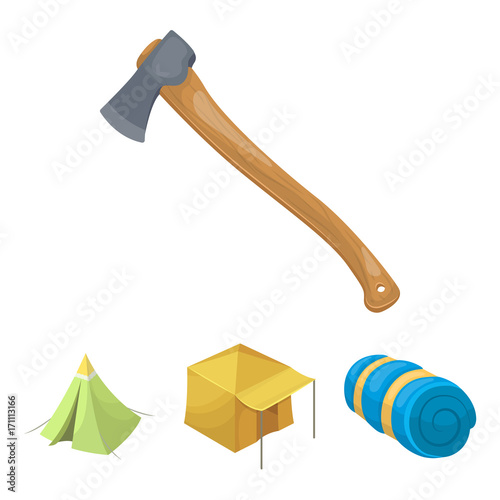 Tent with awning, ax and other accessories.Tent set collection icons in cartoon style vector symbol stock illustration web.