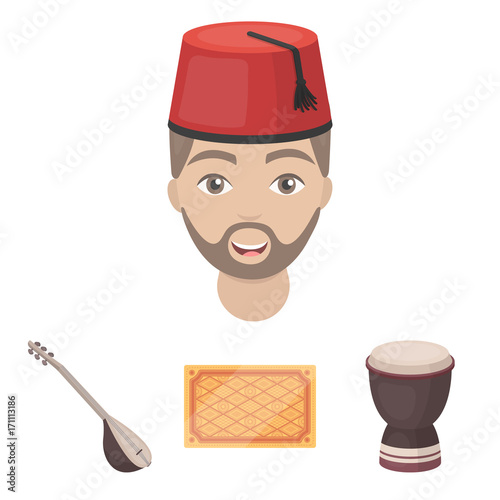 Turkish carpet, saz, drum, turkish men.Turkey set collection icons in cartoon style vector symbol stock illustration web.