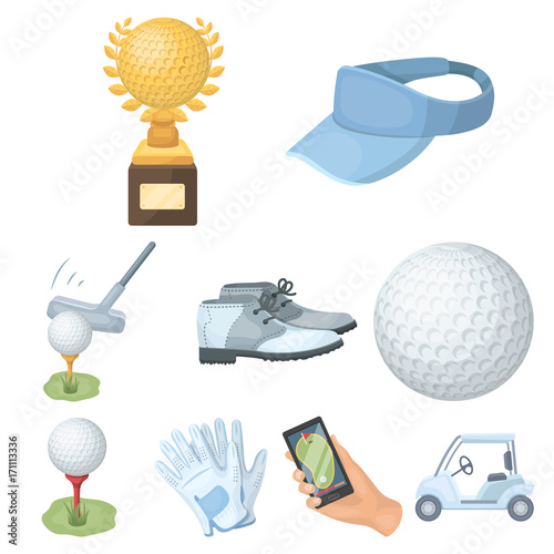 A golfer, a ball, a club and other golf attributes.Golf club set collection icons in cartoon style vector symbol stock illustration web. photo