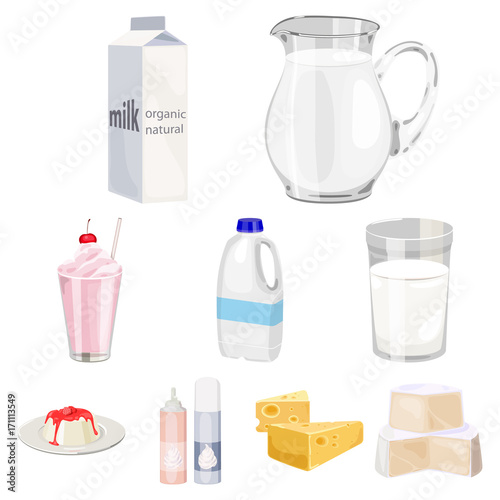 Milk product and sweet set icons in cartoon style. Big collection of milk product and sweet vector symbol stock illustration