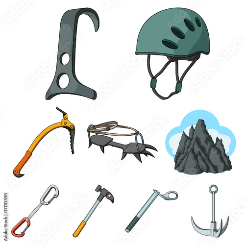 Ice ax, conquered top, mountains in the clouds and other equipment for mountaineering.Mountaineering set collection icons in cartoon style vector symbol stock illustration web.