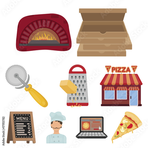 Pizza and pizzeria set icons in cartoon style. Big collection of pizza and pizzeria vector symbol stock illustration