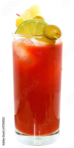 Cocktail bloody mary decorated lime slices and olives isolated