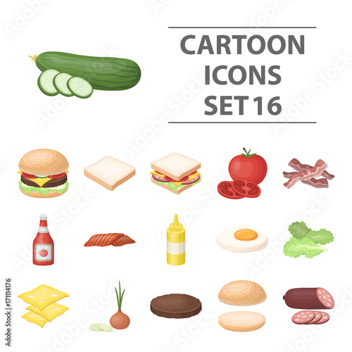 Rolls, cutlets, cheese, ketchup, salad, and other elements. Burgers and ingredients set collection icons in cartoon style vector symbol stock illustration web.