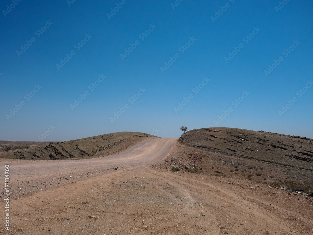 Road trip through rough dusty unpaved road with car tyre track through drought desert climate and rock mountain landscape with clear blue sky and dried tree background